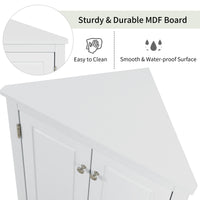 White triangle bathroom storage cabinet with a compact, space-saving design, featuring multiple shelves for organizing toiletries, towels, and other bathroom essentials. Made from durable materials, this sleek cabinet adds a functional and stylish touch to any bathroom decor.