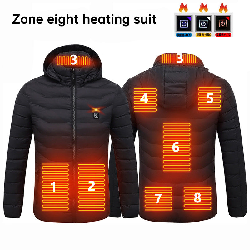 Men's and women's USB heated jacket with hoodie, front view

