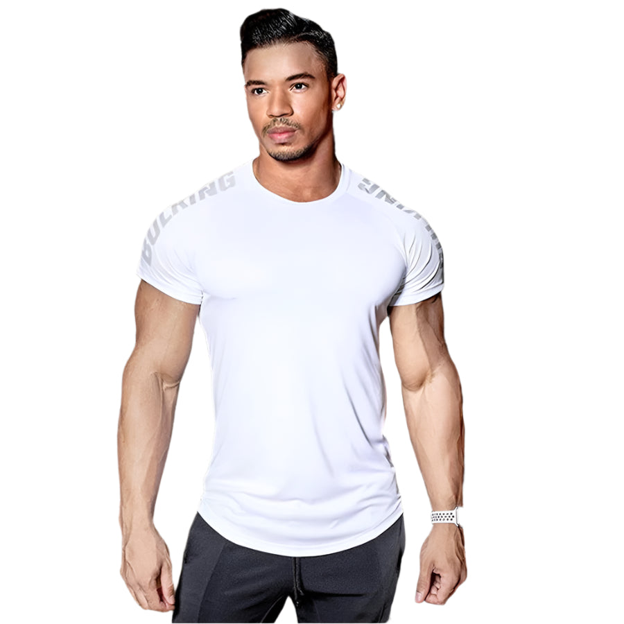 Man wearing a tight-fit short sleeve compression T-shirt in quick-dry fabric for running and sports training.

