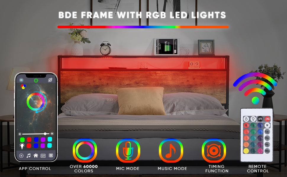 Full-size bed frame with LED headboard, drawers, and charging ports