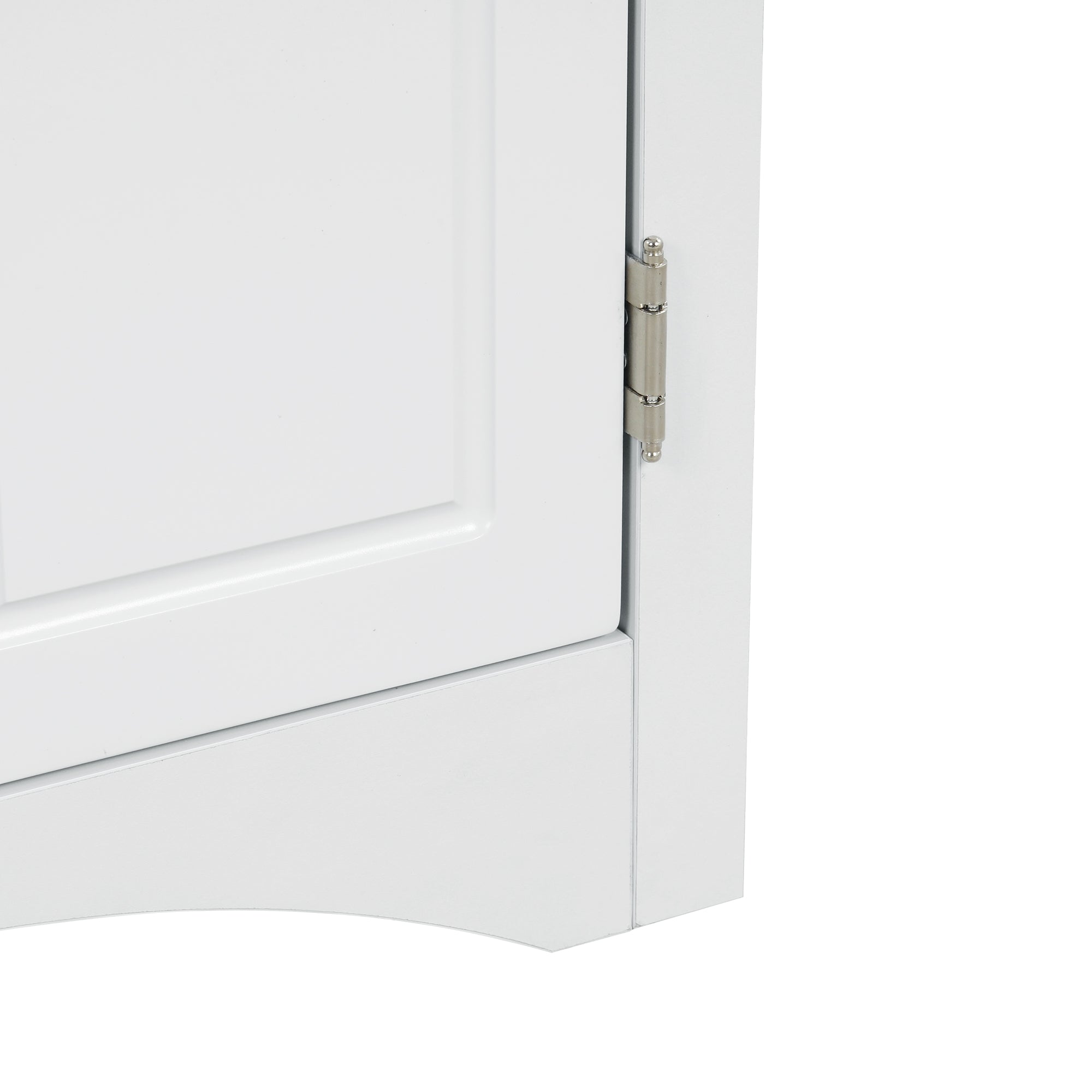 White triangle bathroom storage cabinet with a compact, space-saving design, featuring multiple shelves for organizing toiletries, towels, and other bathroom essentials. Made from durable materials, this sleek cabinet adds a functional and stylish touch to any bathroom decor.