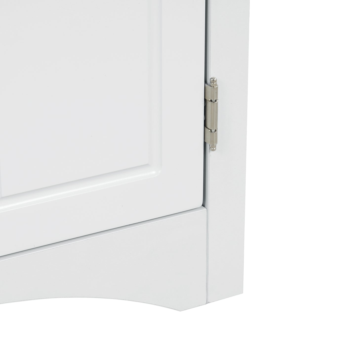 White triangle bathroom storage cabinet with a compact, space-saving design, featuring multiple shelves for organizing toiletries, towels, and other bathroom essentials. Made from durable materials, this sleek cabinet adds a functional and stylish touch to any bathroom decor.
