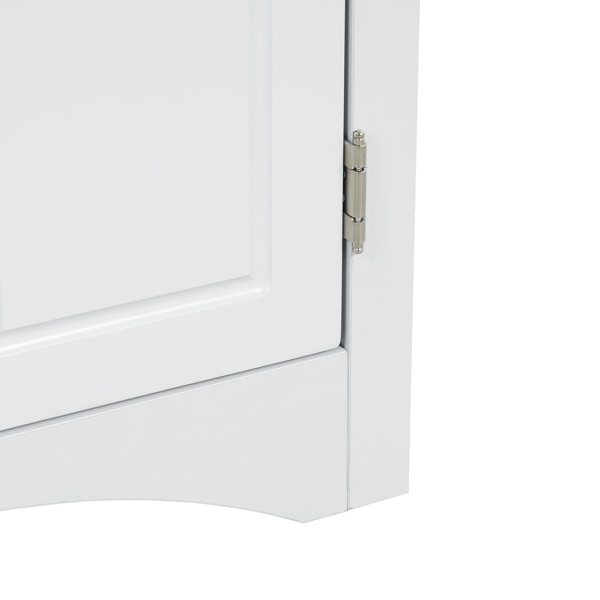 White triangle bathroom storage cabinet with a compact, space-saving design, featuring multiple shelves for organizing toiletries, towels, and other bathroom essentials. Made from durable materials, this sleek cabinet adds a functional and stylish touch to any bathroom decor.