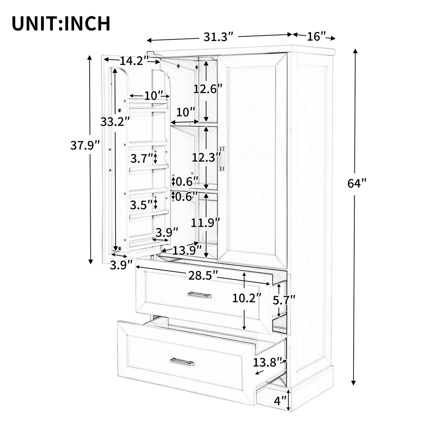 Tall black bathroom storage cabinet with doors and drawers