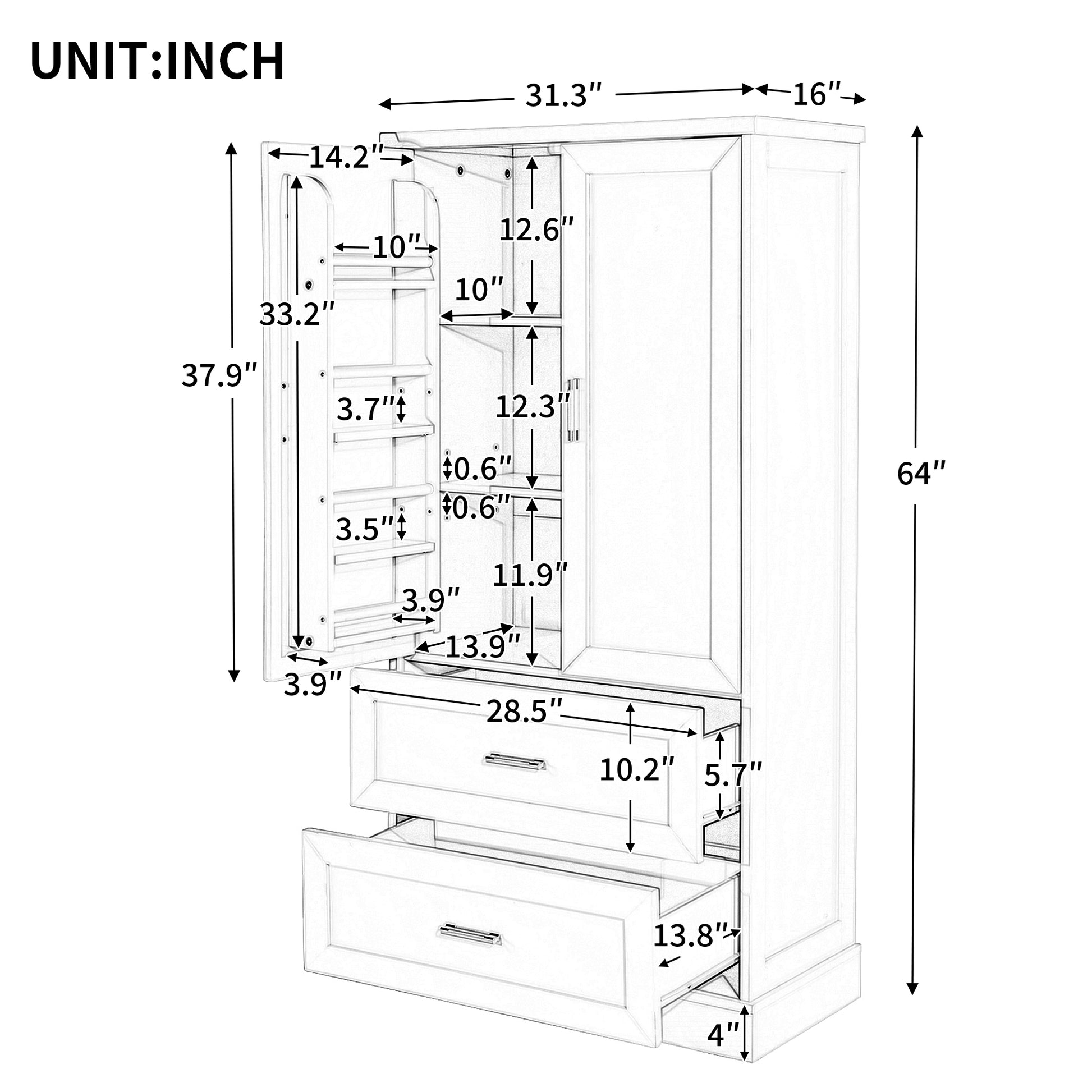 Tall black bathroom storage cabinet with doors and drawers