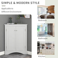 White triangle bathroom storage cabinet with a compact, space-saving design, featuring multiple shelves for organizing toiletries, towels, and other bathroom essentials. Made from durable materials, this sleek cabinet adds a functional and stylish touch to any bathroom decor.