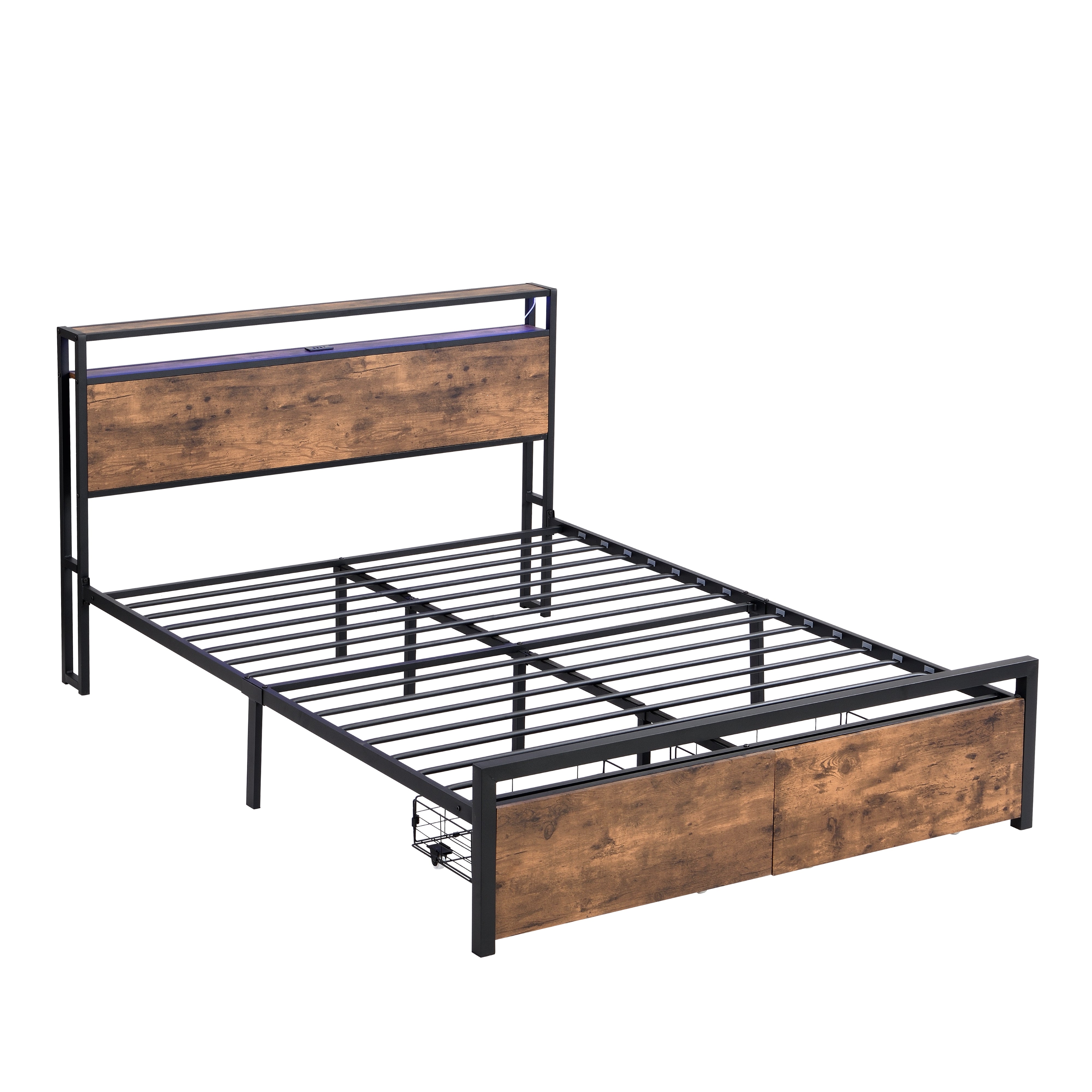 Full-size bed frame with LED headboard, drawers, and charging ports