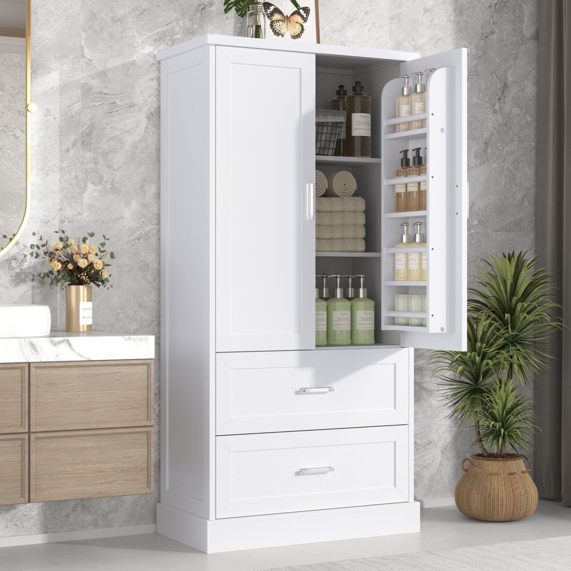 Tall white bathroom cabinet with drawers and double doors