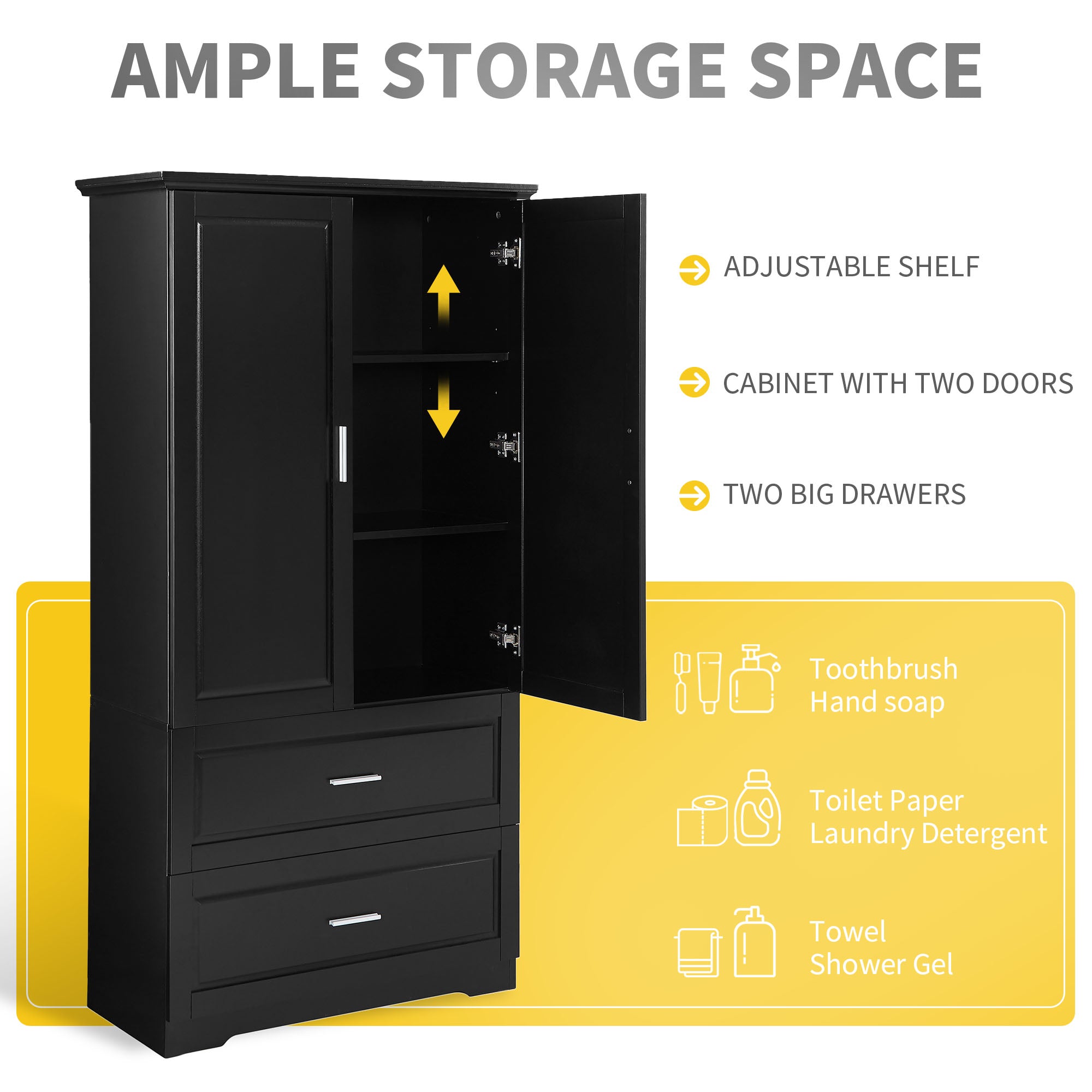 Black MDF tall bathroom storage cabinet with two doors and drawers