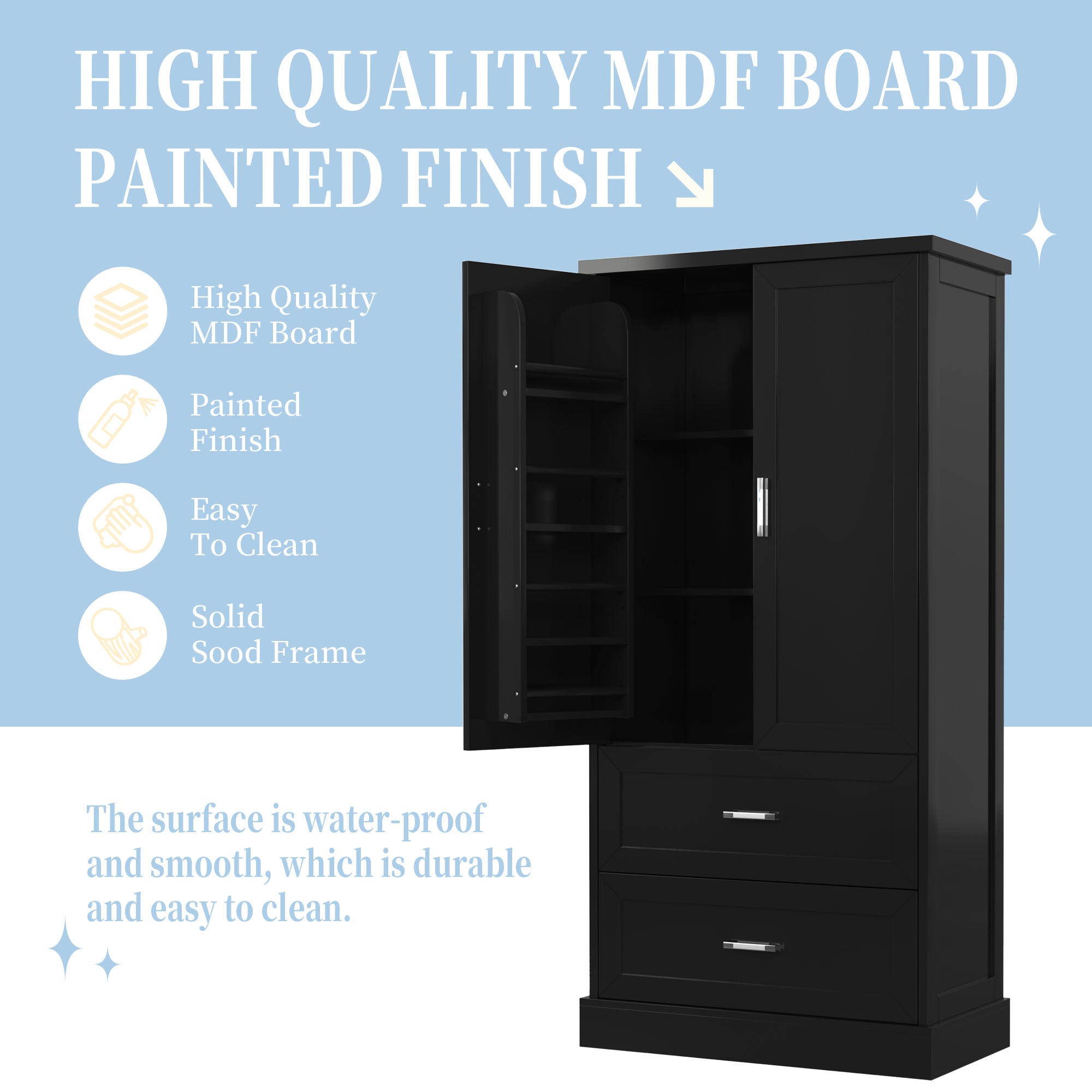 Tall black bathroom storage cabinet with doors and drawers