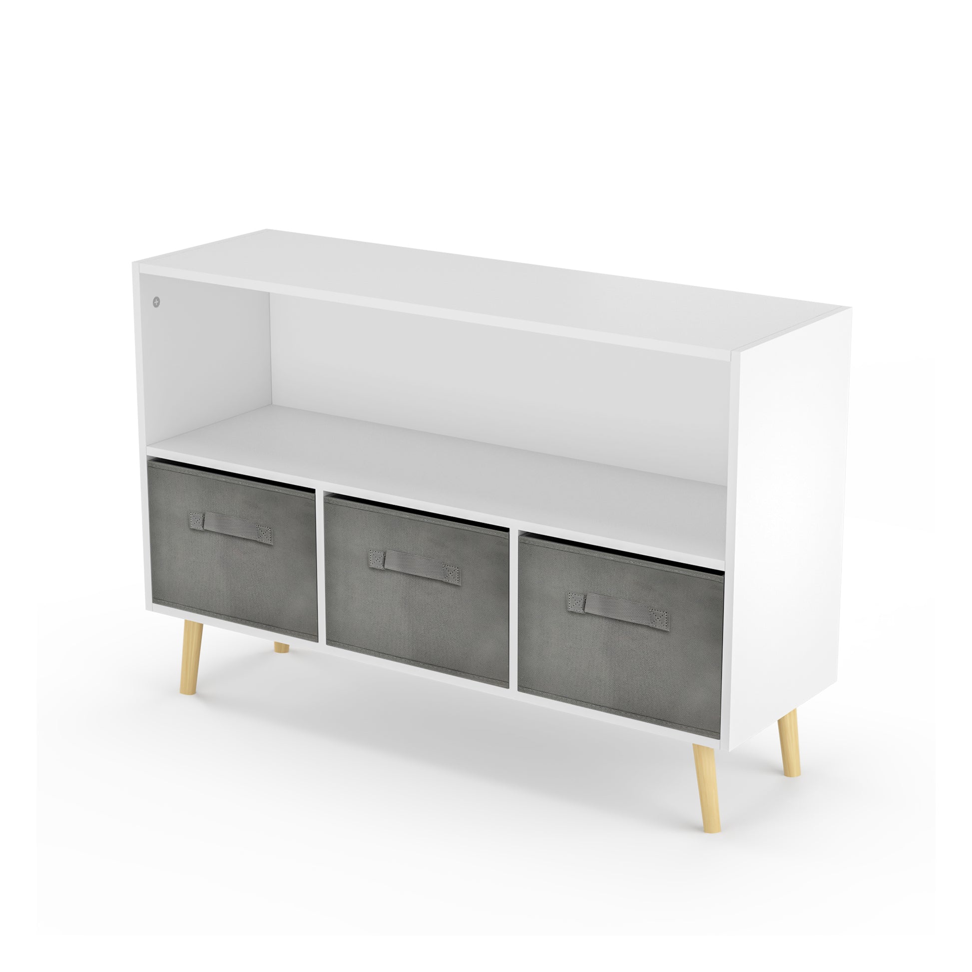 White kids bookcase with gray fabric drawers and books displayed