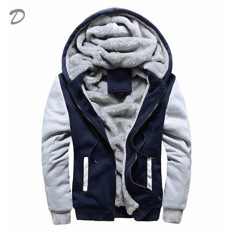 Men's winter hooded jacket with thick velvet lining, front view

