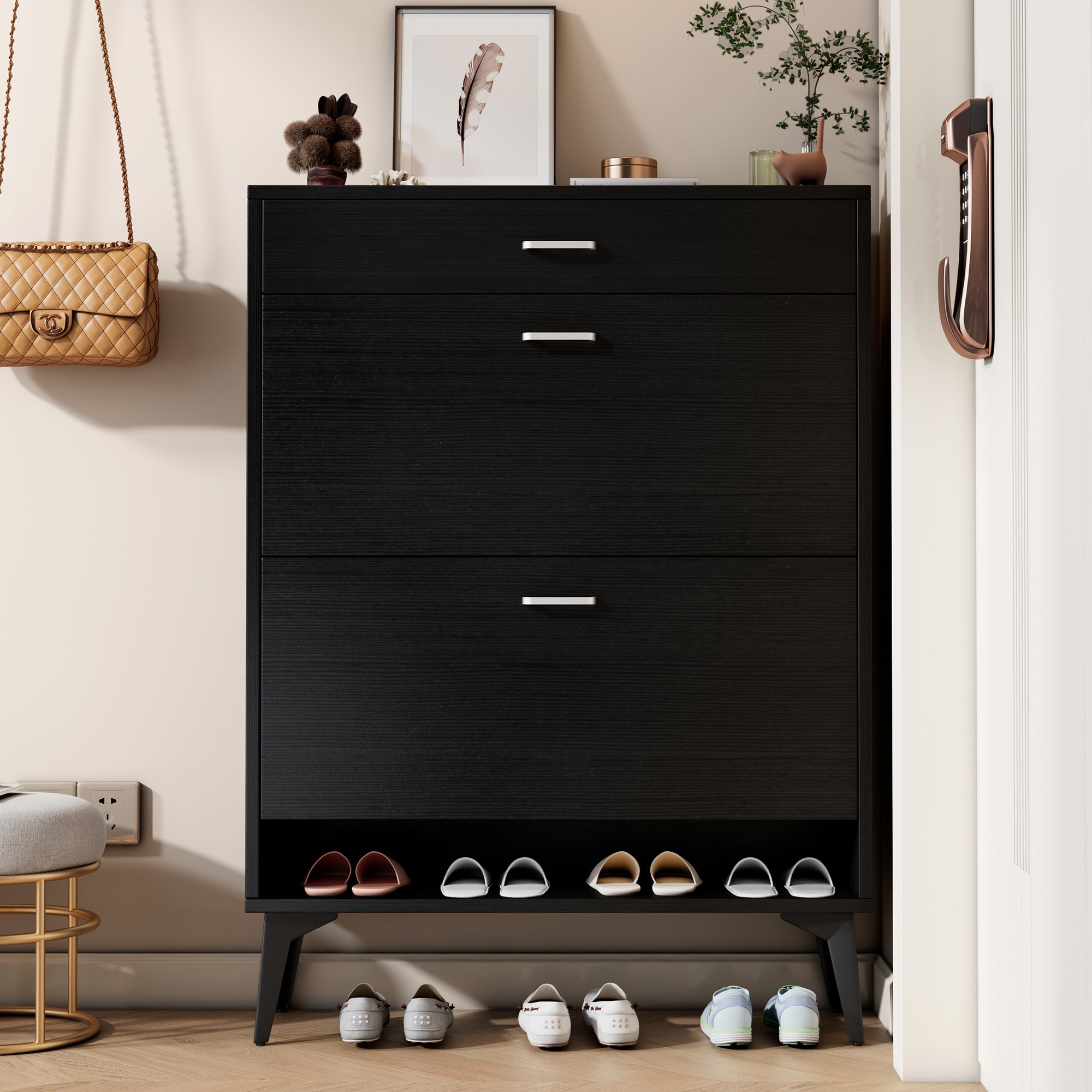 Black shoe cabinet with open shelves for footwear storage