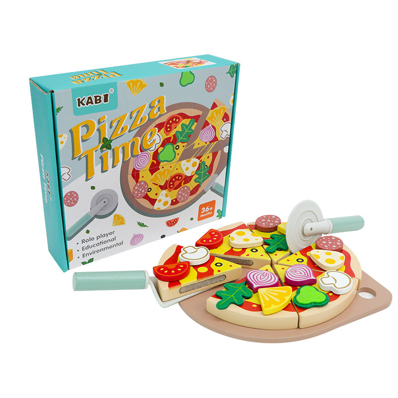 Children's wooden play kitchen set with pizza, fruits, and vegetables

