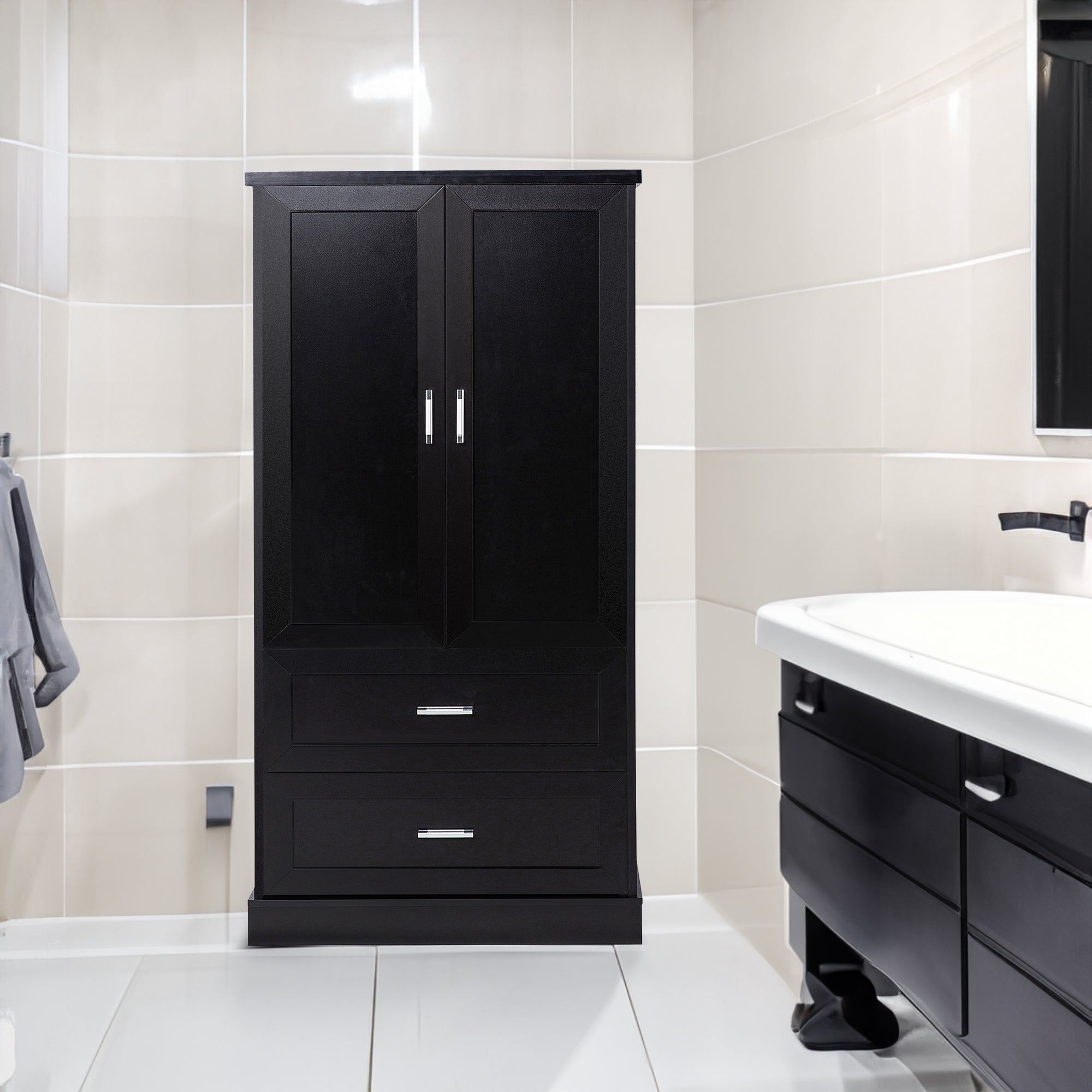 Tall black bathroom storage cabinet with doors and drawers