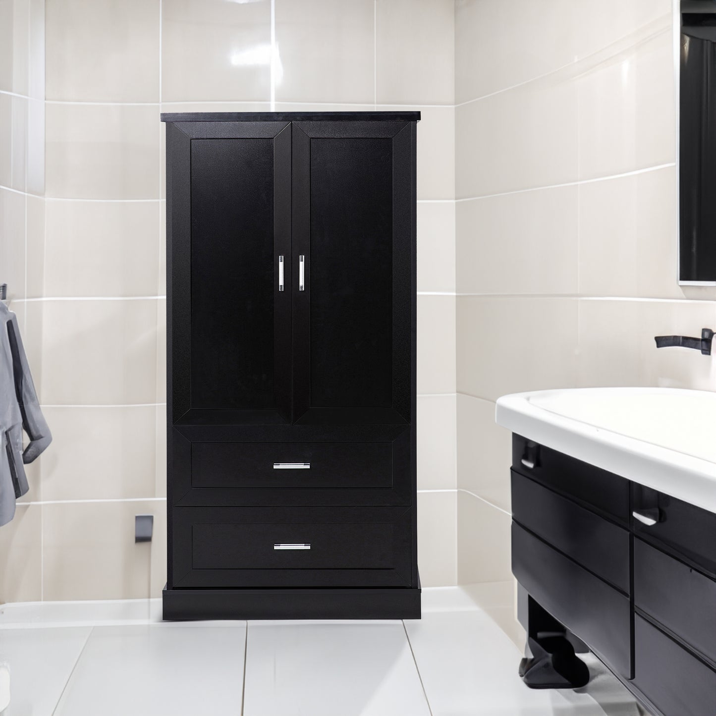 Tall black bathroom storage cabinet with doors and drawers