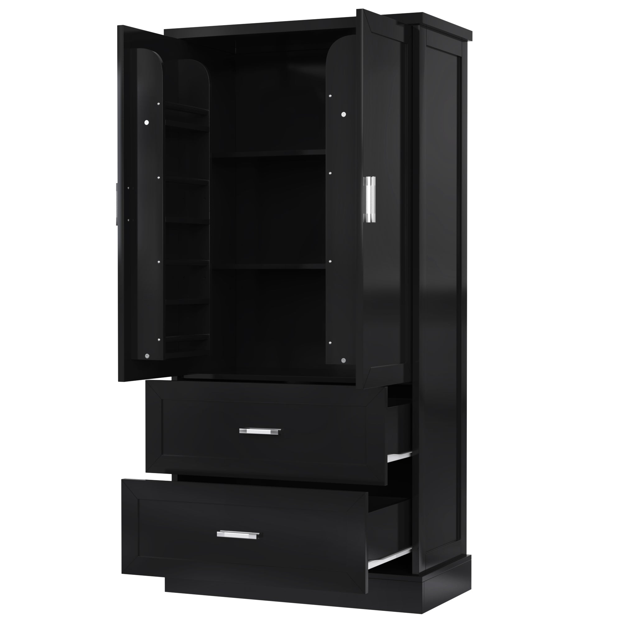 Tall black bathroom storage cabinet with doors and drawers