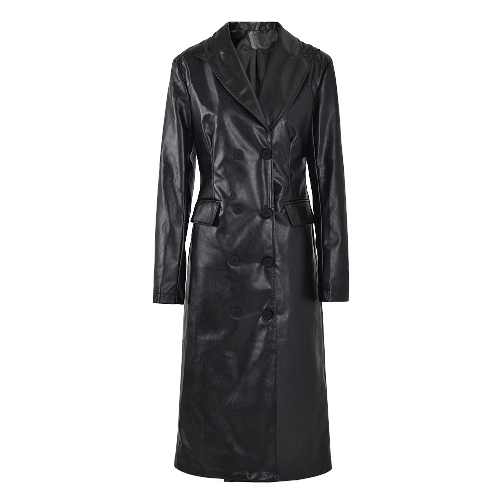 Model wearing a high-waist PU leather coat with patchwork detail and lapel collar