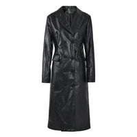 Model wearing a high-waist PU leather coat with patchwork detail and lapel collar