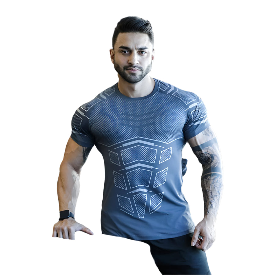 Man wearing a tight-fit short sleeve compression T-shirt in quick-dry fabric for running and sports training.

