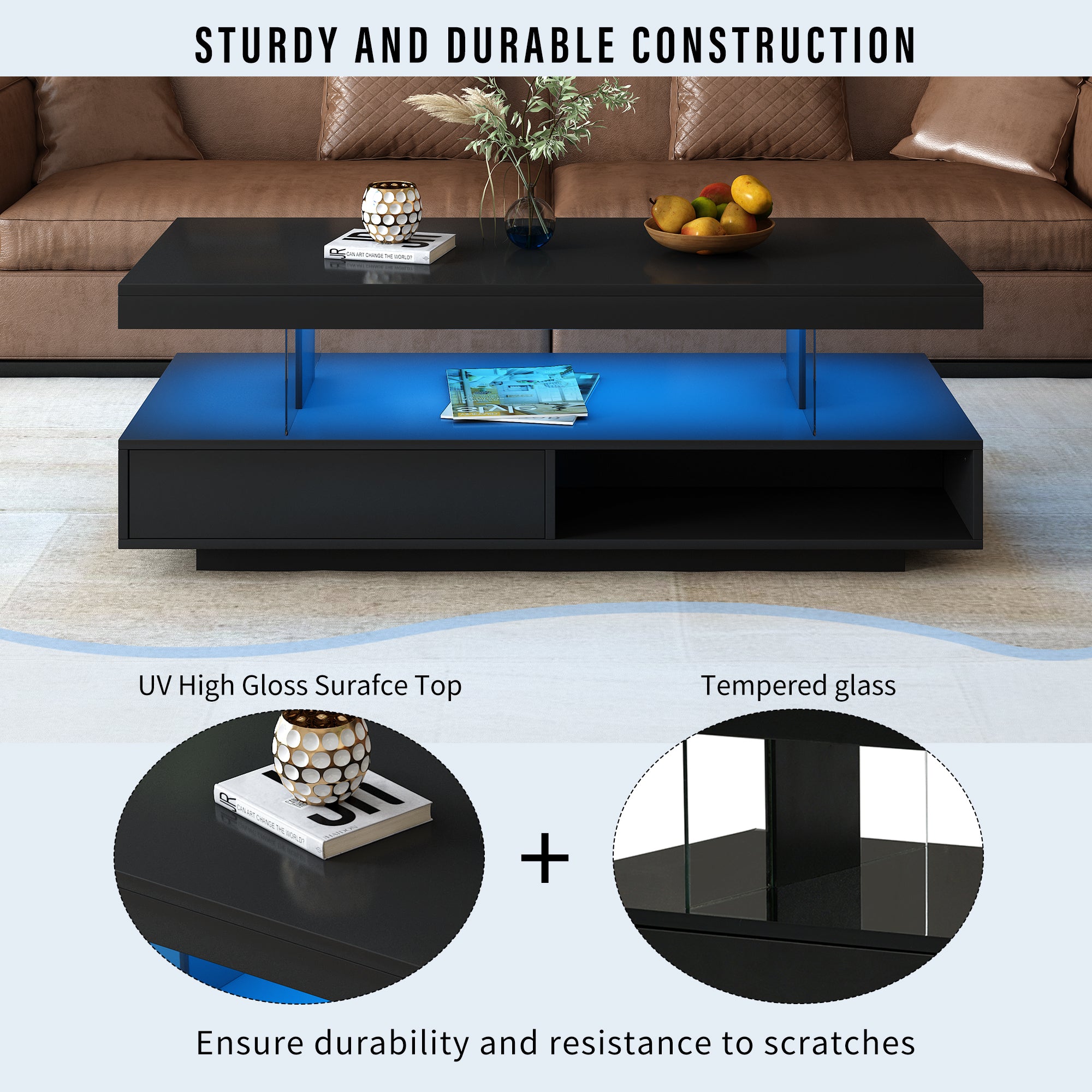 U-Can black LED coffee table with drawers and display shelf
