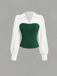 Green strapless top with a white pinstripe blouse on a gray background