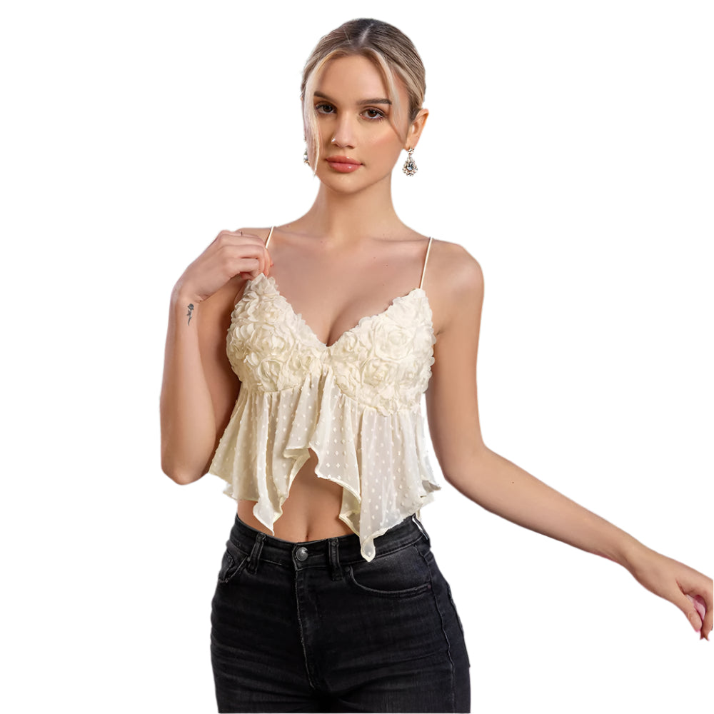 Navel-exposed Three-dimensional Flower Backless Camisole – Elegant and bold camisole featuring three-dimensional flowers and a backless design for a stunning, fashionable look.








