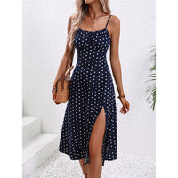 Women’s Polka Dot Print Suspender Dress with sexy slit, summer long dress with adjustable straps.

