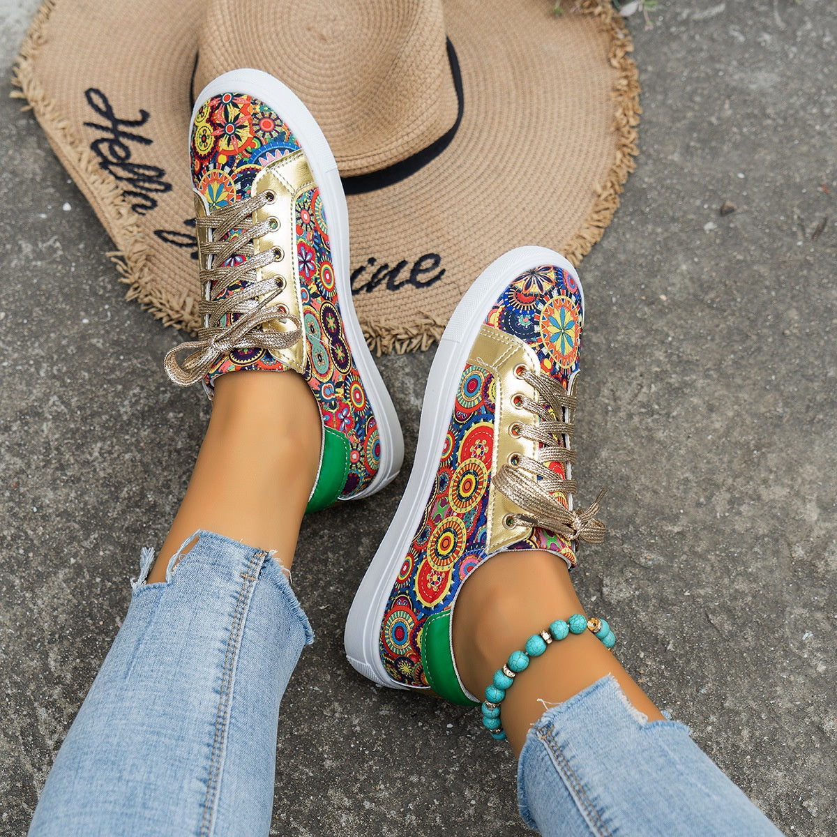 Round toe board shoes printed canvas for women, featuring unique prints, durable canvas upper, and comfortable fit for casual wear.








