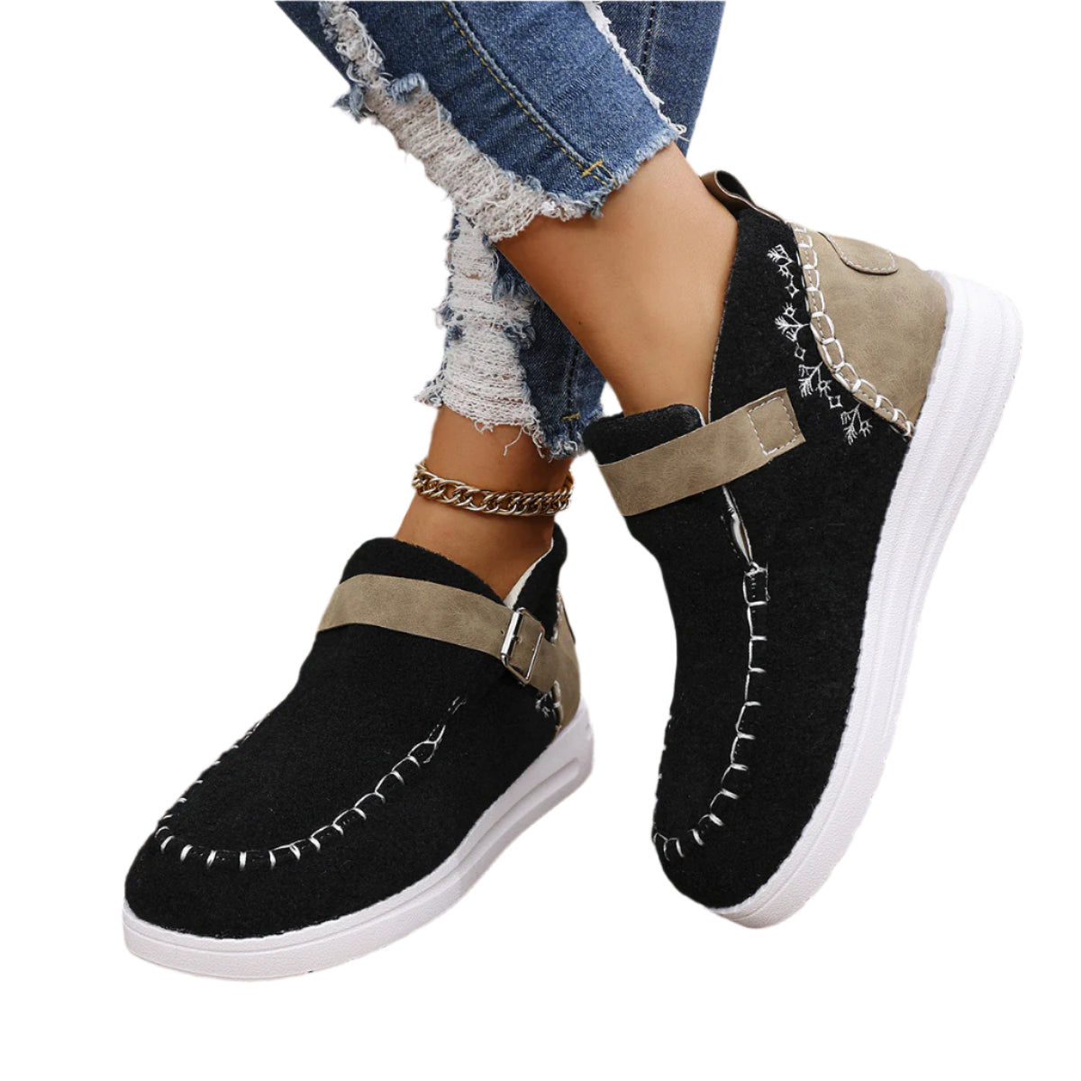 Warm flat bottom cotton shoes with burr closure for comfort and insulation during colder weather.








