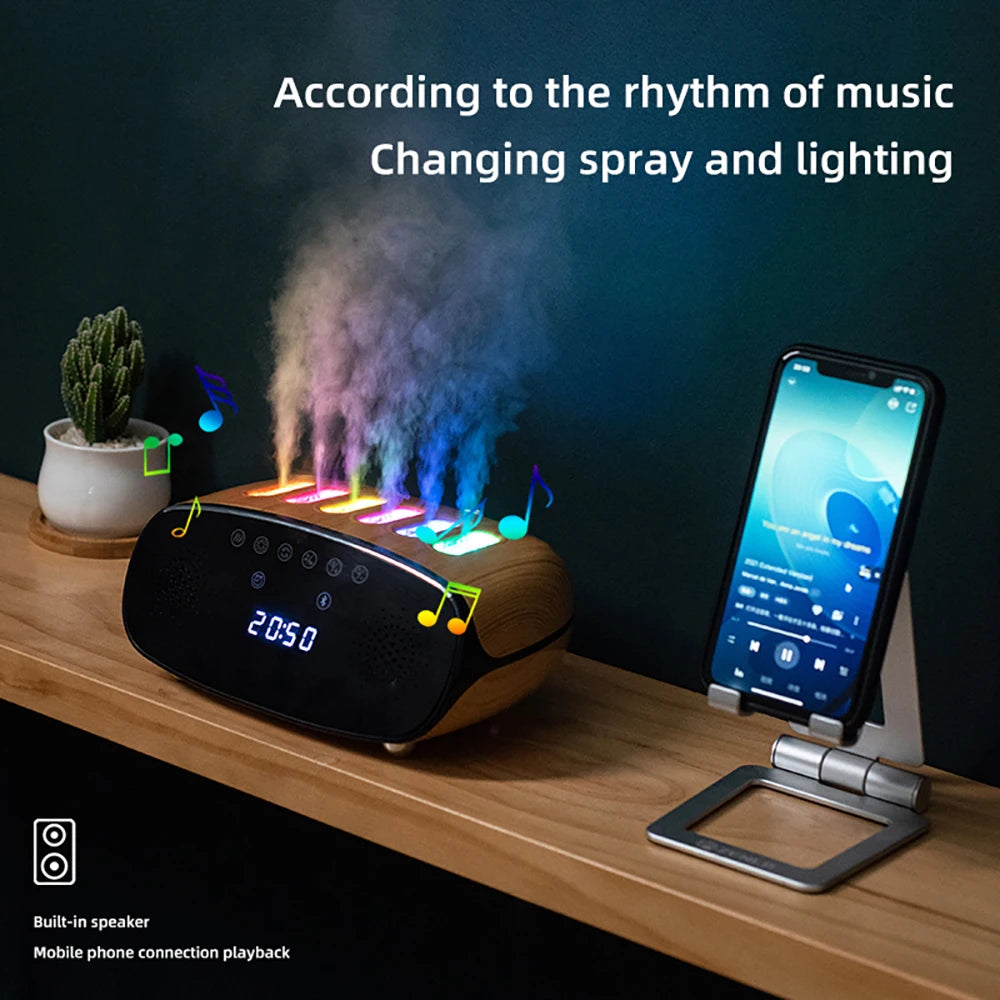 Music clock humidifier with a volcano light effect, combining a functional humidifier with a decorative LED light display and built-in music player, perfect for creating a relaxing atmosphere