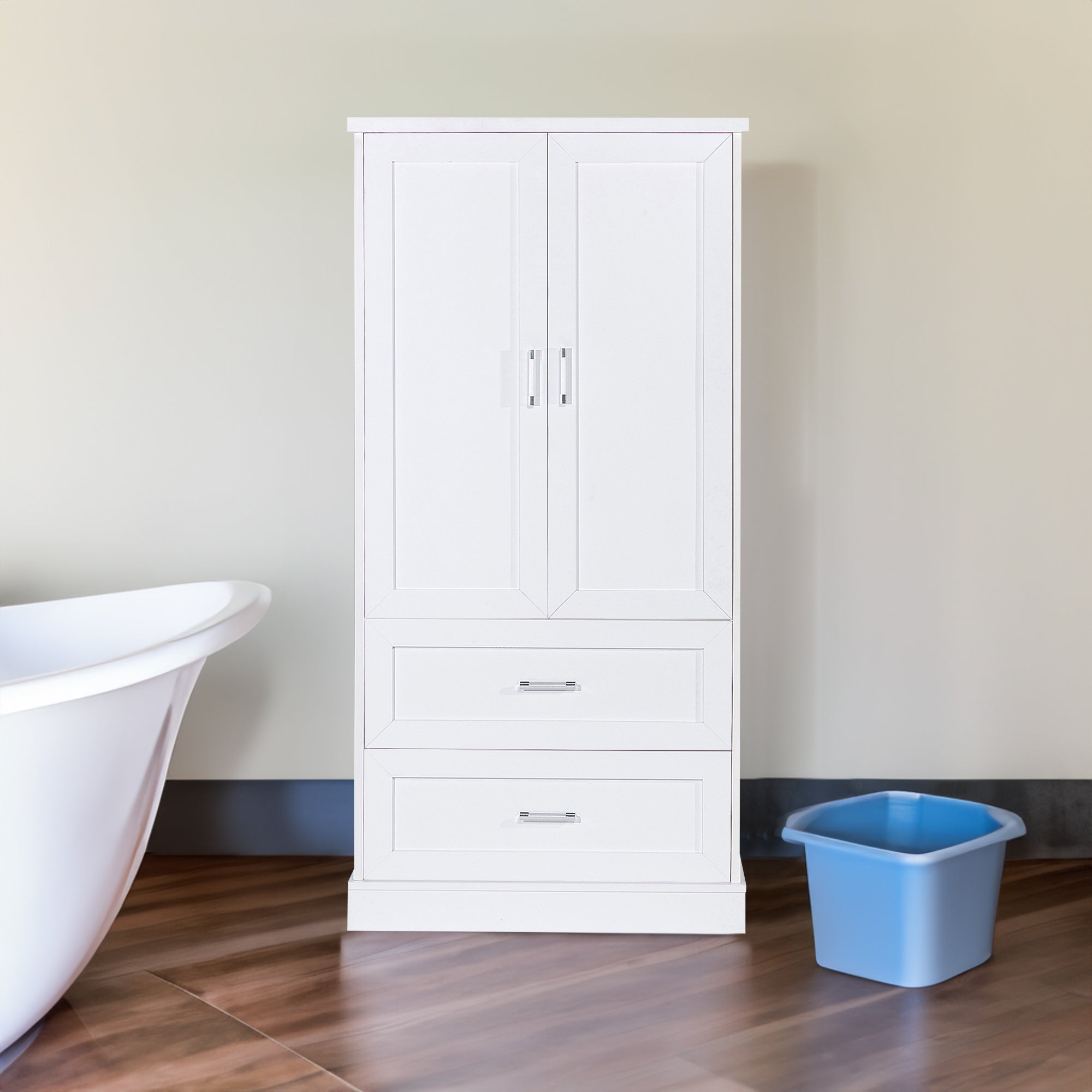 Tall white bathroom cabinet with drawers and double doors