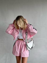 Zippered Long Sleeved Top and Sports Shorts Set Hot Deal Warehouse