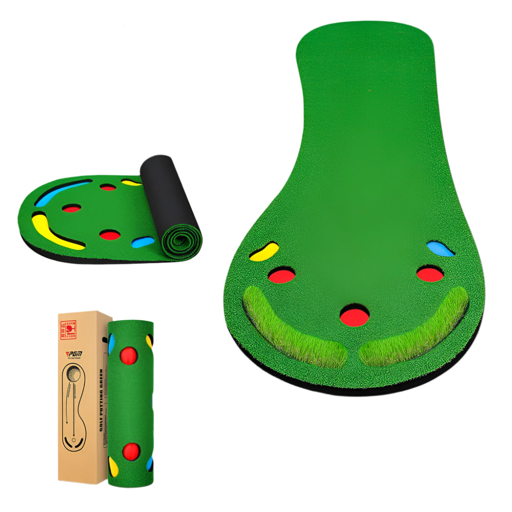 Indoor putting mat with realistic turf and alignment guides for golf practice at home or office.

