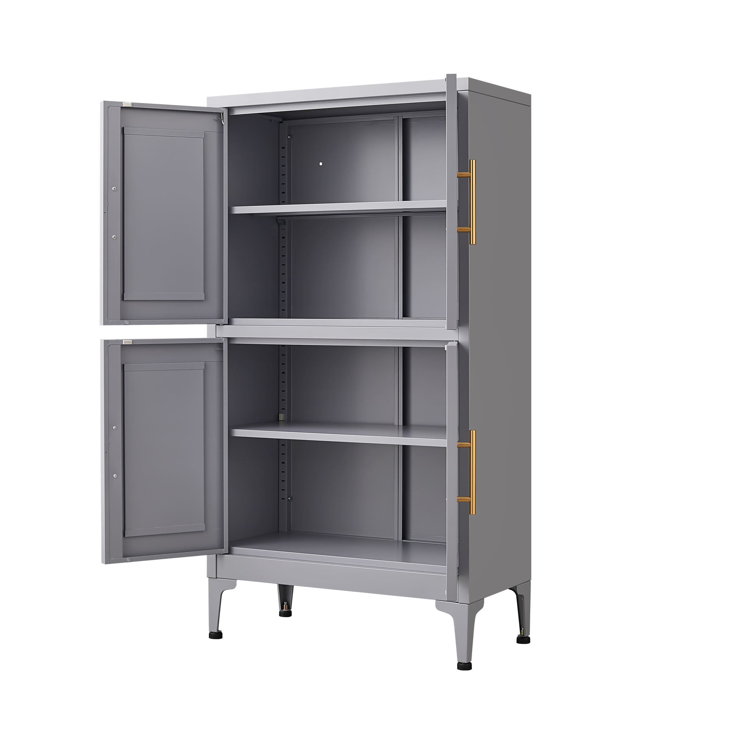 Grey metal kitchen storage cabinet with door and adjustable shelf in a modern kitchen