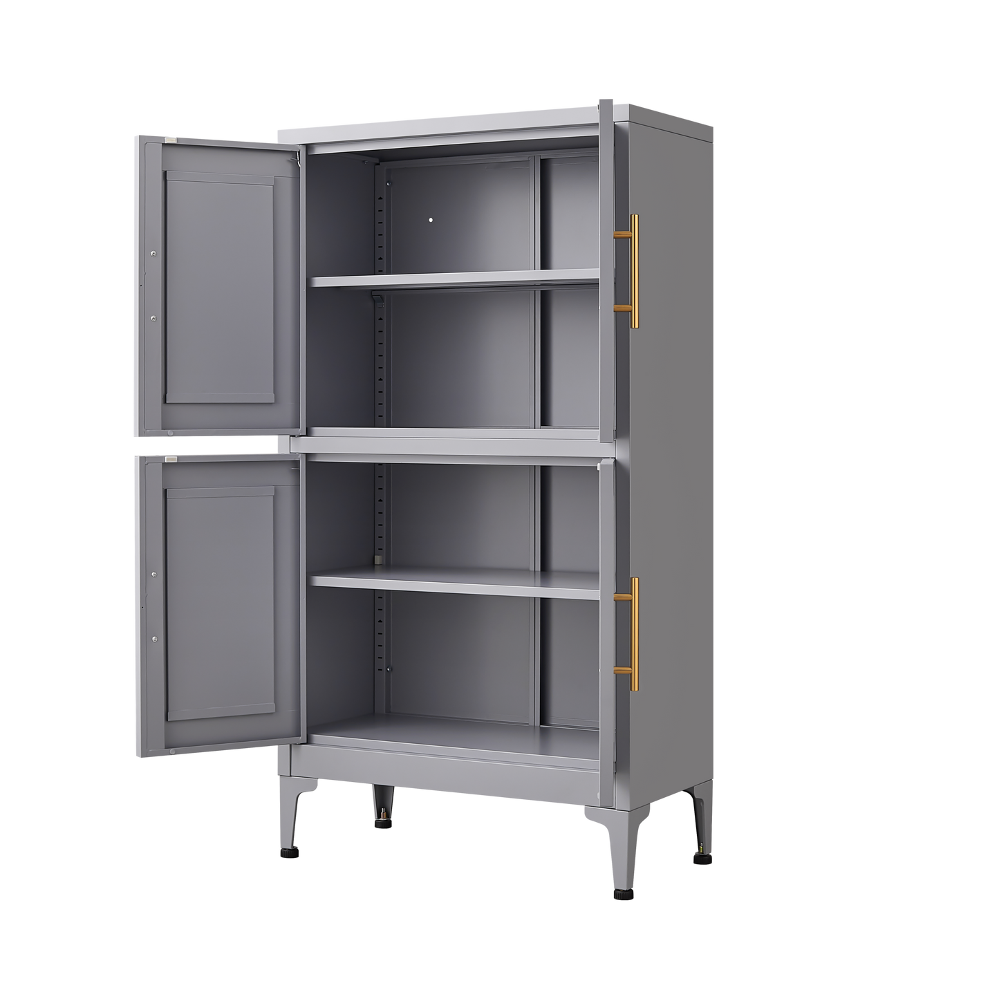 Grey metal kitchen storage cabinet with door and adjustable shelf in a modern kitchen