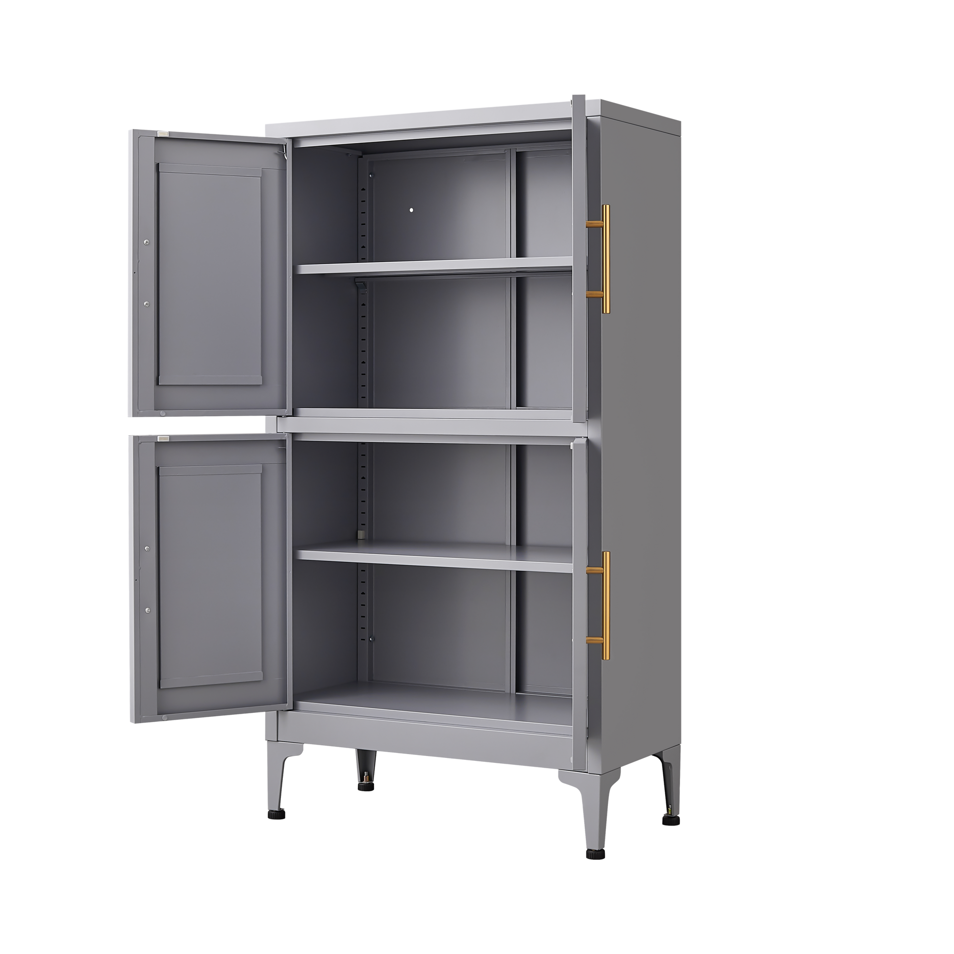 Grey metal kitchen storage cabinet with door and adjustable shelf in a modern kitchen