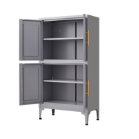 Grey metal kitchen storage cabinet with door and adjustable shelf in a modern kitchen