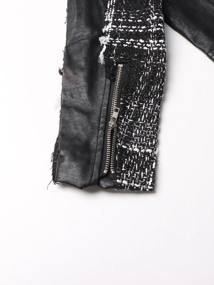 Colorblock women's coat with leather and tweed patchwork, lapel collar, long sleeves, and front zipper.

