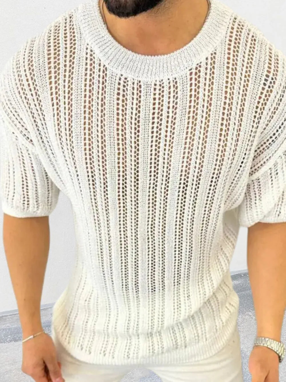 Men's openwork knit t-shirt with round neckline, front view

