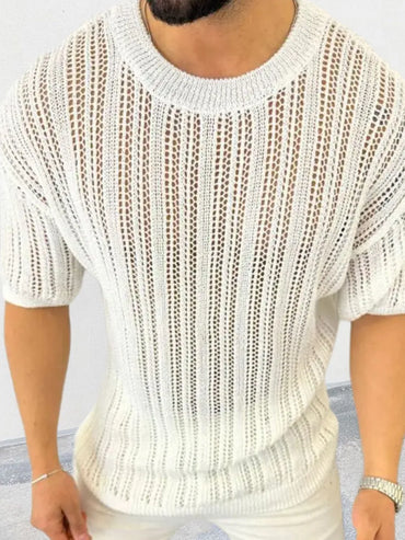 Men's openwork knit t-shirt with round neckline, front view

