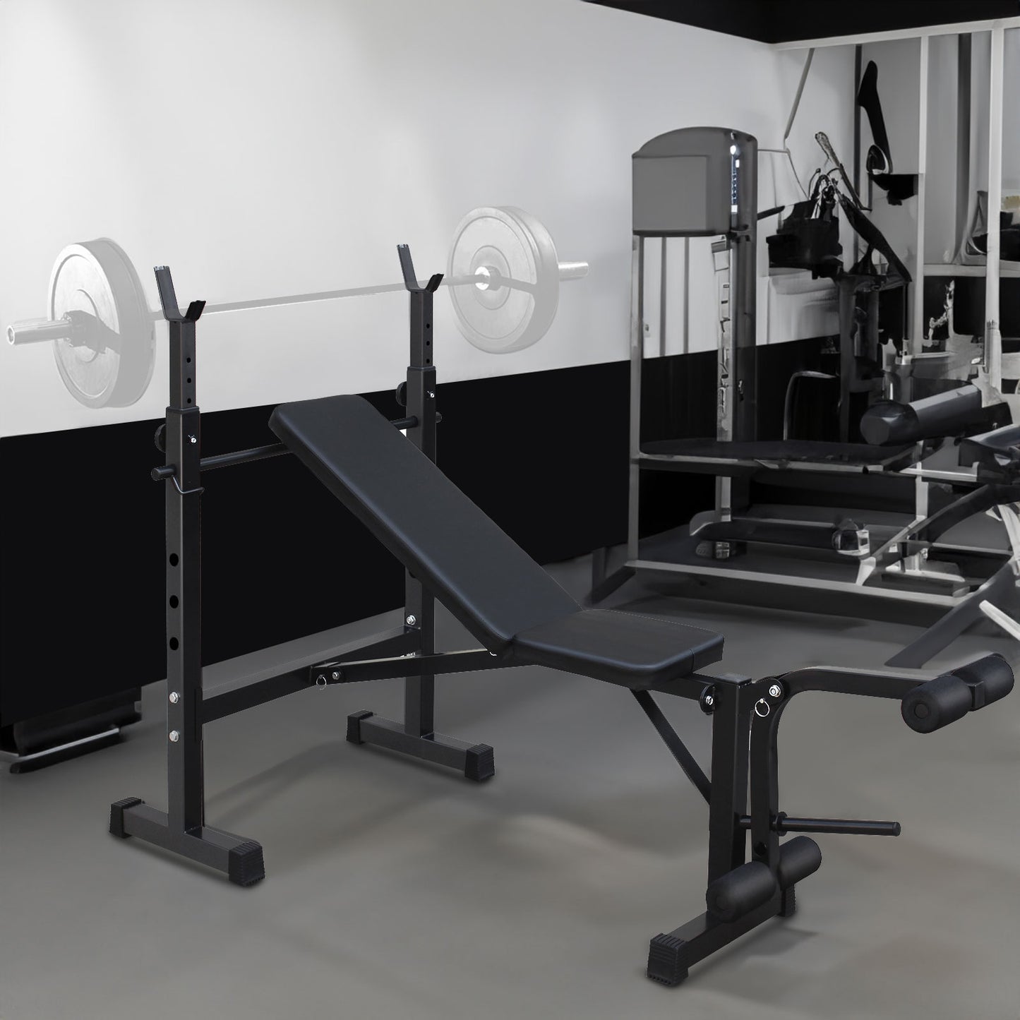 Olympic weight bench with adjustable squat rack, designed for strength training, featuring sturdy construction and multiple settings for bench press, squats, and other weightlifting exercises.