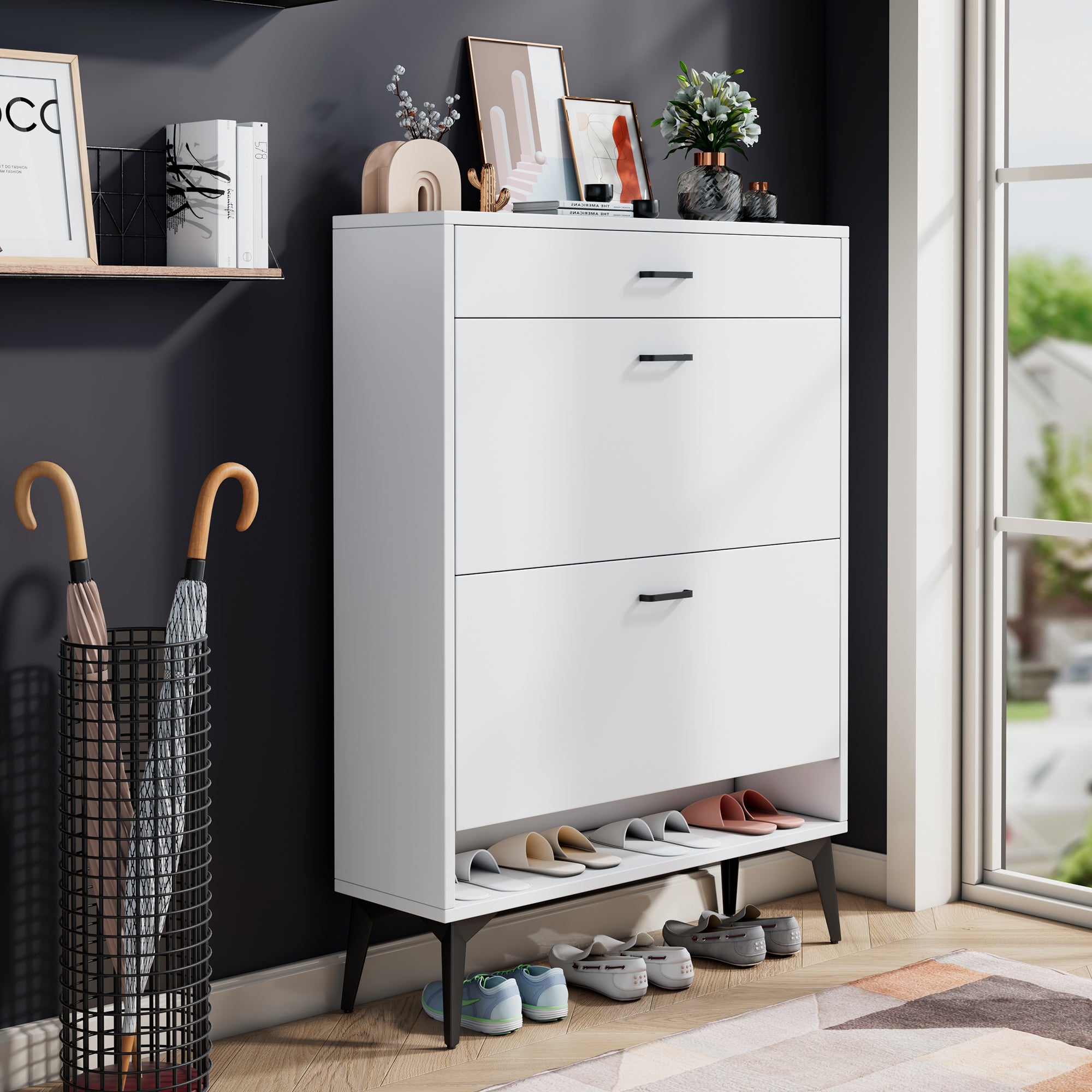 White shoe cabinet with open shelves and metal legs