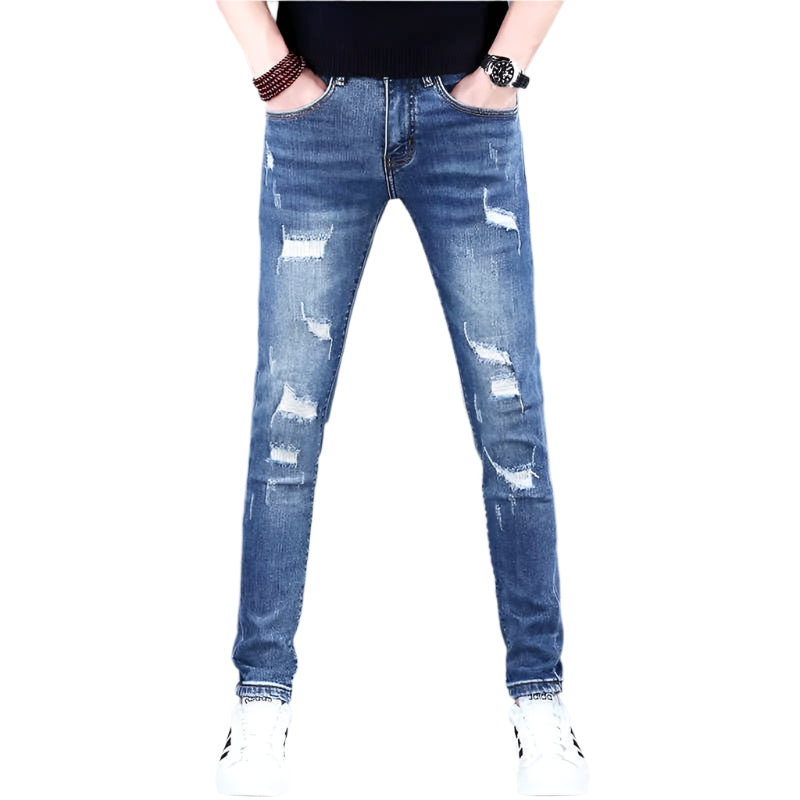 Men’s Ripped Fleece Padded Jeans – slim-fit, stretchable, and fleece-lined for warmth and style.
