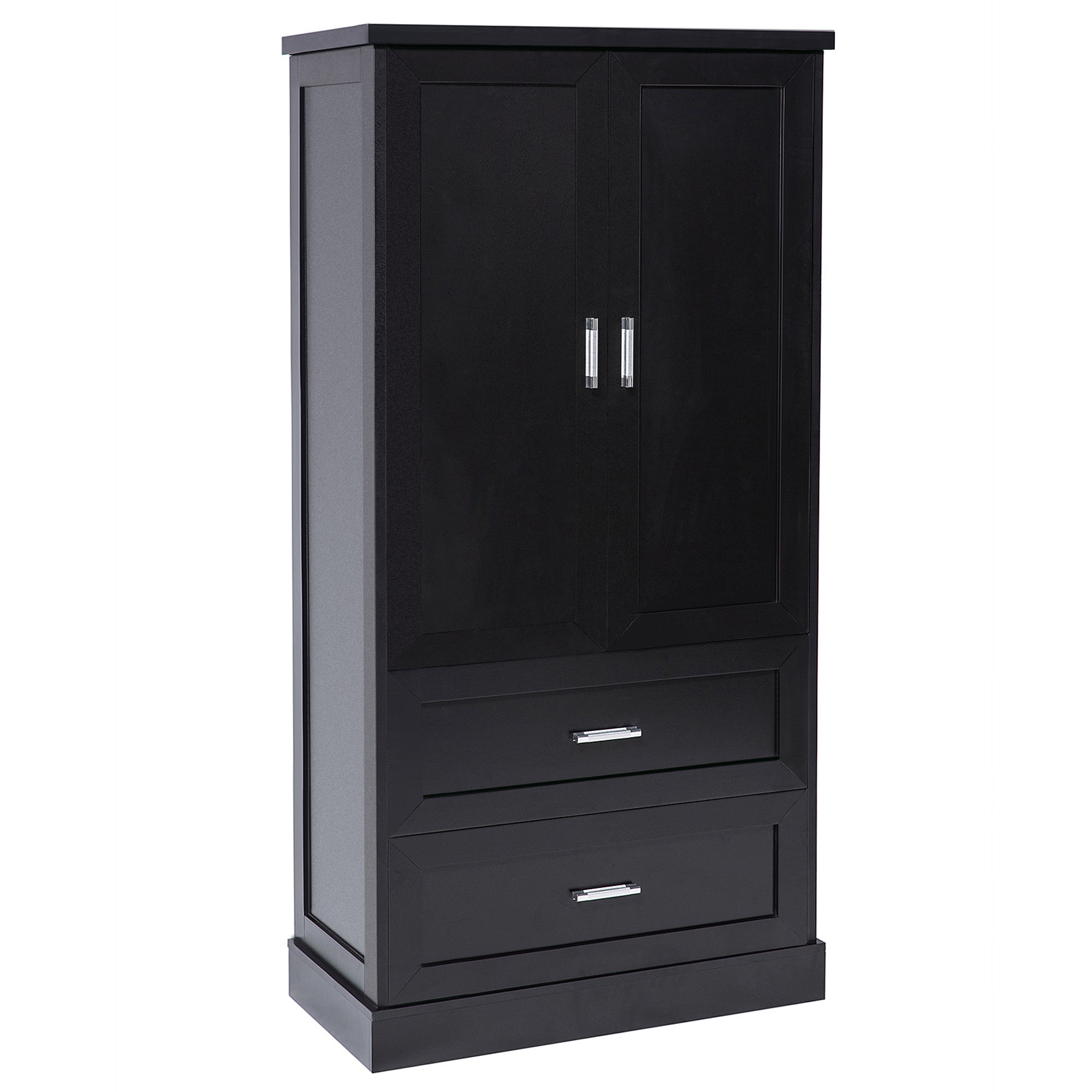 Tall black bathroom storage cabinet with doors and drawers