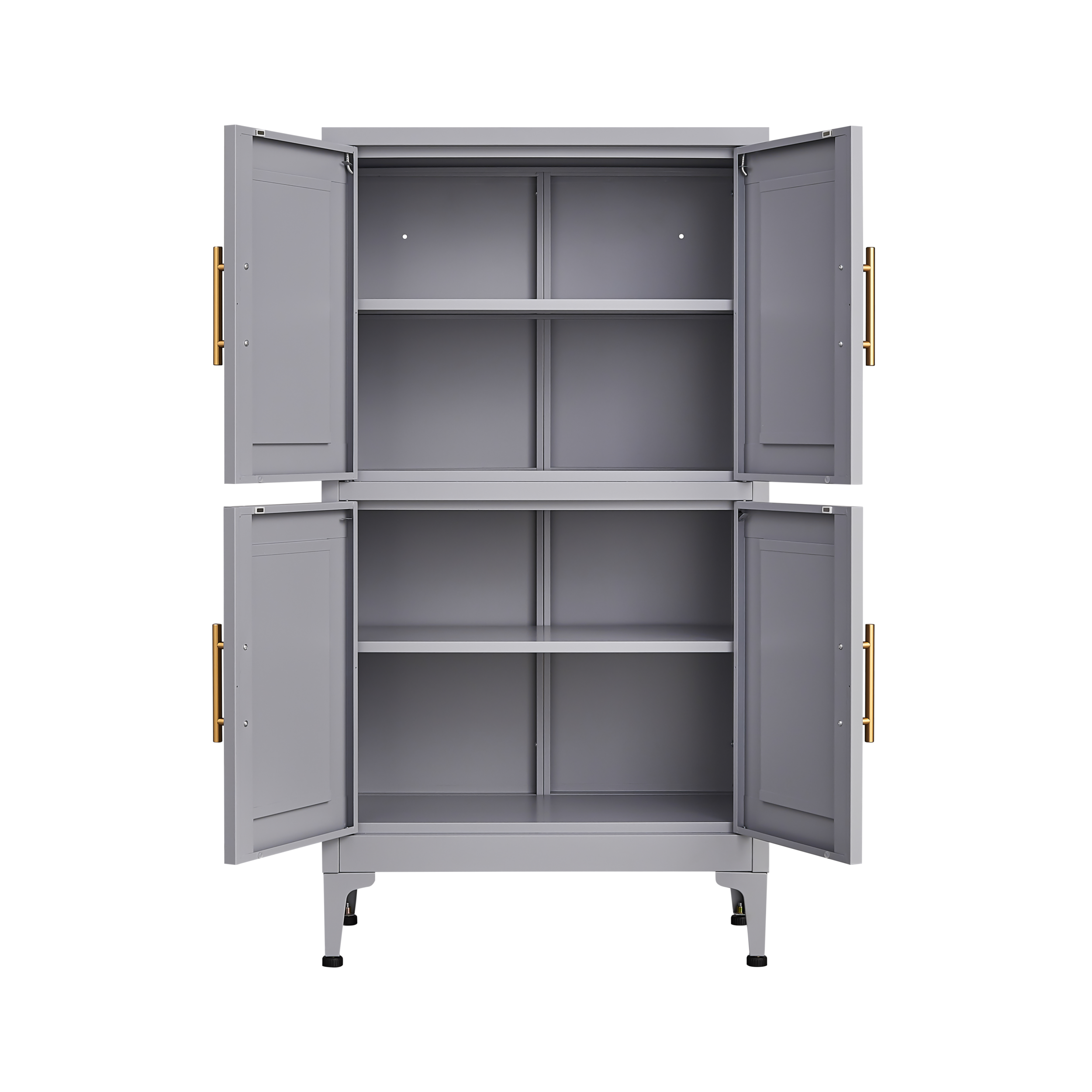 Grey metal kitchen storage cabinet with door and adjustable shelf in a modern kitchen