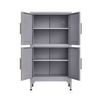 Grey metal kitchen storage cabinet with door and adjustable shelf in a modern kitchen