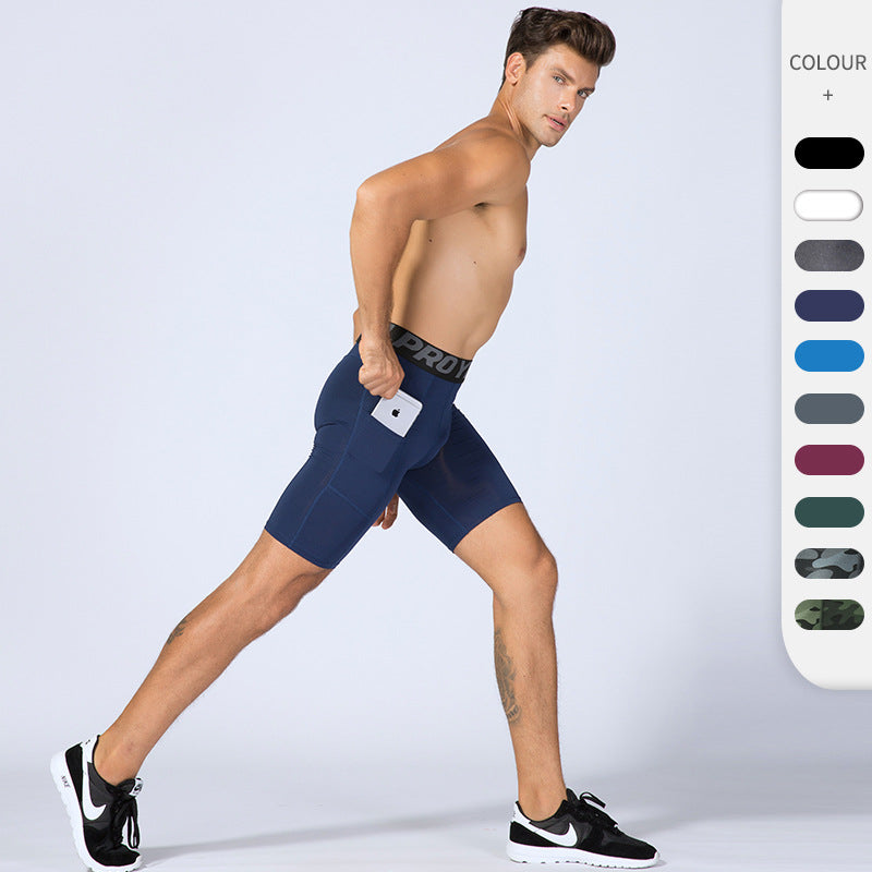 Men’s black PRO gym shorts with built-in compression tights, side pockets, and sweat-wicking fabric

