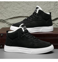 Plus size men’s high-top winter fleece-lined casual sports cotton shoes in neutral tones.

