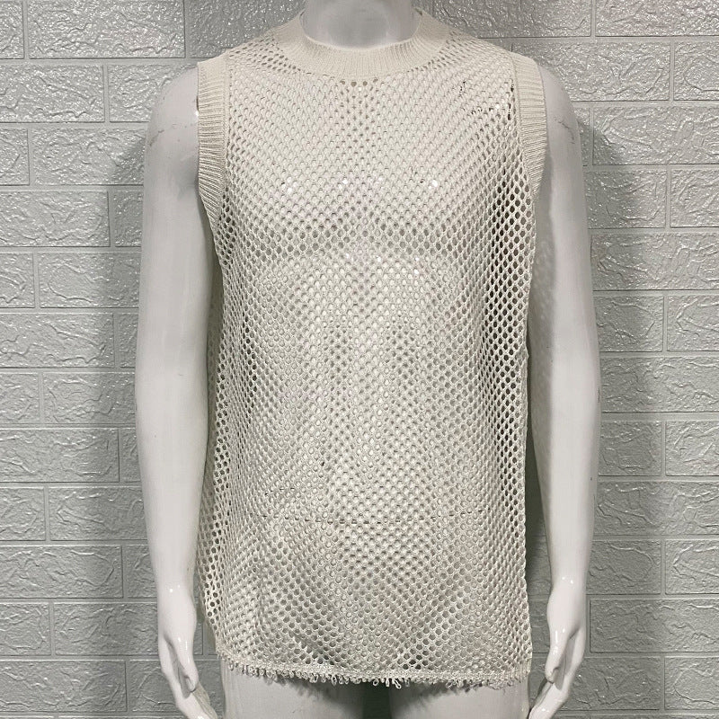 Solid Color Round Neck Sleeveless Hollow Knitted Vest in lightweight, breathable fabric for a stylish and comfortable fit.